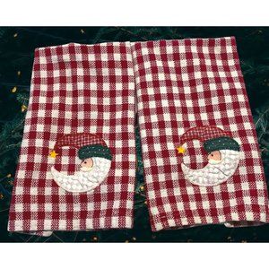 Christmas Santa Claus Kitchen Towels Set of 2 Red Plaid Half Moon Vintage